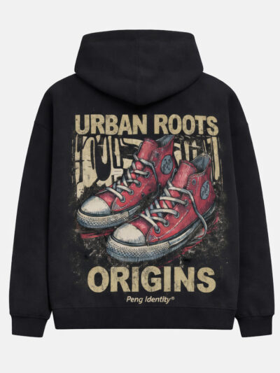Urban roots hoodie by Peng Identity black hoodie with origins back graphic