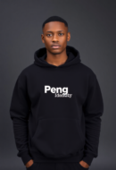 Male model of African descent wearing a black Peng Identity Premium Hoodie with a white Peng Identity logo across the chest, standing in a studio on a light grey background.