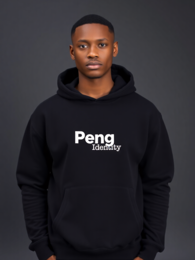 Male model of African descent wearing a black Peng Identity Premium Hoodie with a white Peng Identity logo across the chest, standing in a studio on a light grey background.