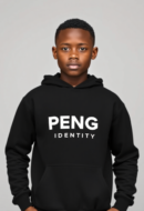 Young girl wearing a black Peng Identity hoodie with bold white PENG IDENTITY logo on the chest, standing in a studio on a light grey background.