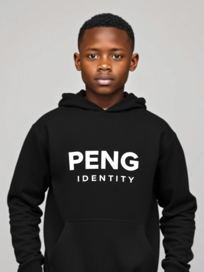 Young girl wearing a black Peng Identity hoodie with bold white PENG IDENTITY logo on the chest, standing in a studio on a light grey background.