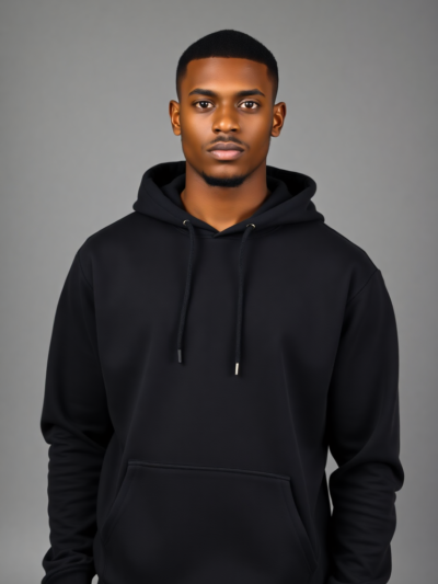 Male model of British descent wearing a solid black Peng Identity hoodie with a relaxed fit, kangaroo pocket, and clean minimal design in a studio setting.