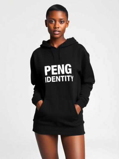 Female model of British descent wearing a black Peng Identity hoodie with bold white 'PENG IDENTITY' logo on the front and back, standing in a studio on a light grey background.