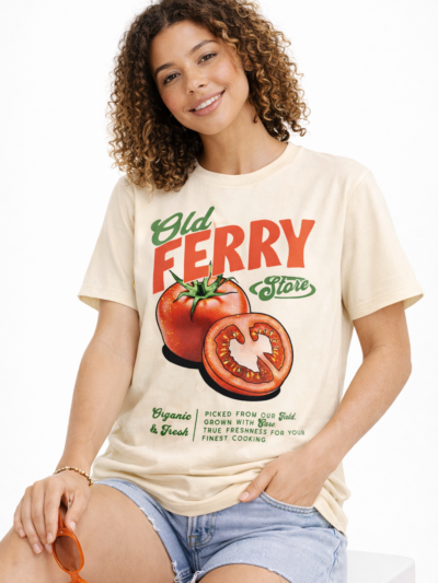 Tomato graphic t shirt with Old Ferry Store vintage produce design by Peng Identity