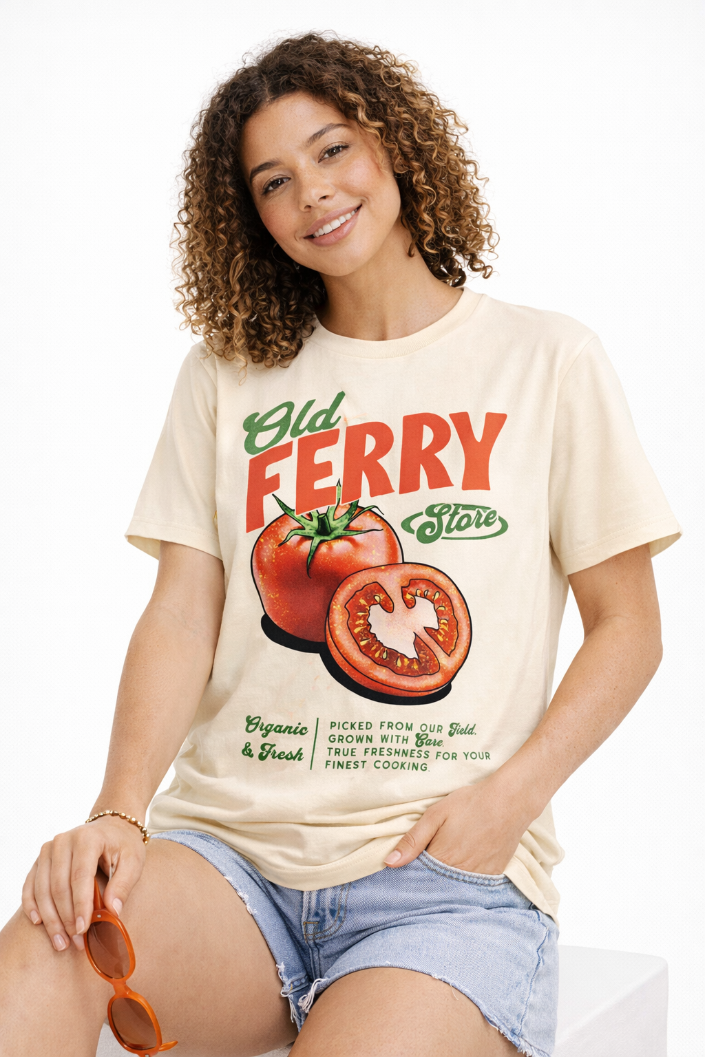 Tomato graphic t shirt with Old Ferry Store vintage produce design by Peng Identity