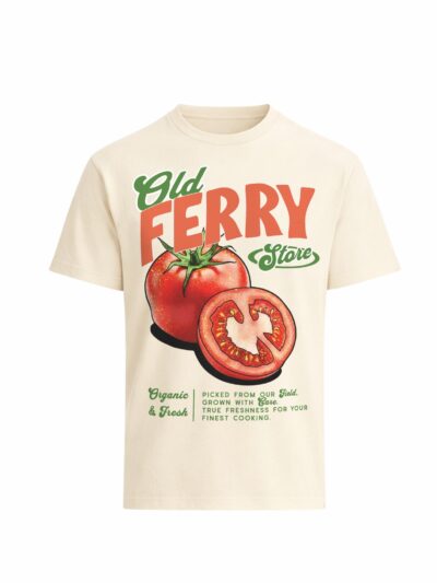Tomato graphic t shirt with Old Ferry Store vintage produce design by Peng Identity