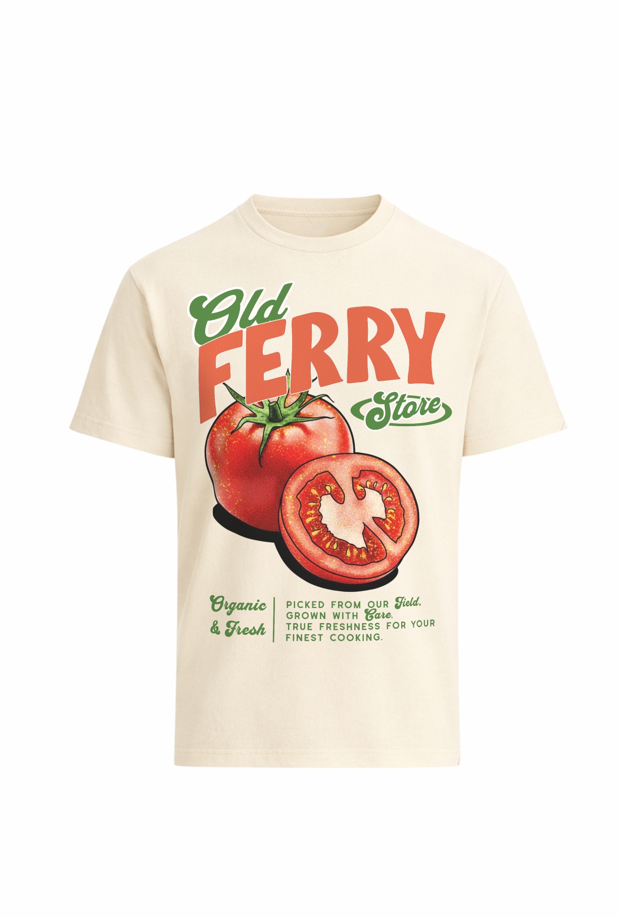 Tomato graphic t shirt with Old Ferry Store vintage produce design by Peng Identity