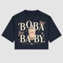 Navy crop t-shirt with Boba Baby graphic and pink bows