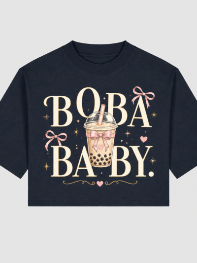 Navy crop t-shirt with Boba Baby graphic and pink bows