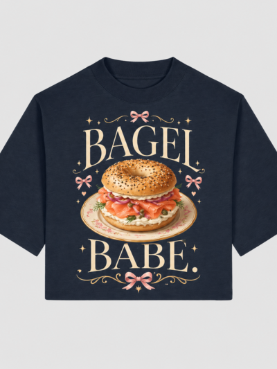 Navy blue Peng Identity Off-Duty T-shirt with bagel graphic and 'Bagel Babe' text