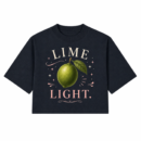 Black cropped T-shirt with lime graphic and 'LIME LIGHT.' text from Peng Identity Off-Duty collection