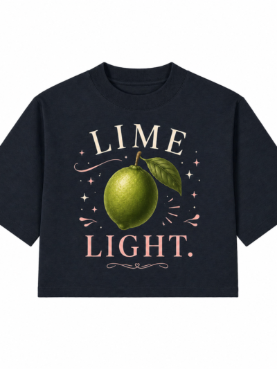 Black cropped T-shirt with lime graphic and 'LIME LIGHT.' text from Peng Identity Off-Duty collection