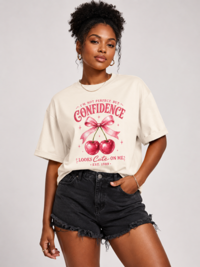 Off-Duty collection T-shirt with cherry graphic and confidence slogan in pink on cream background